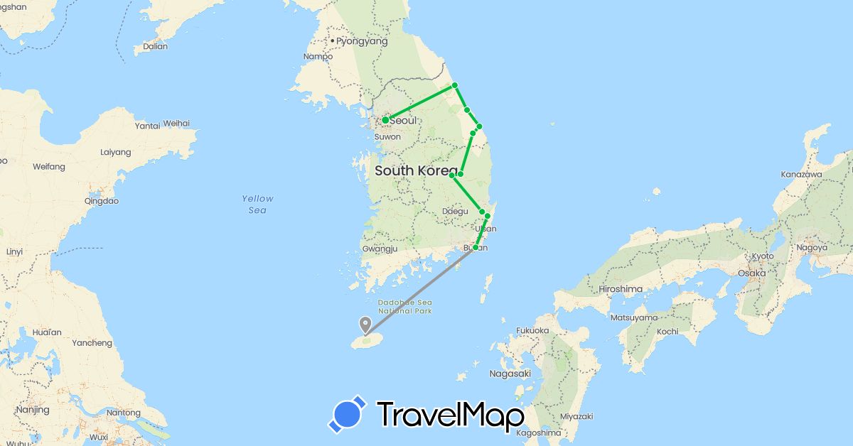 TravelMap itinerary: driving, bus, plane in South Korea (Asia)